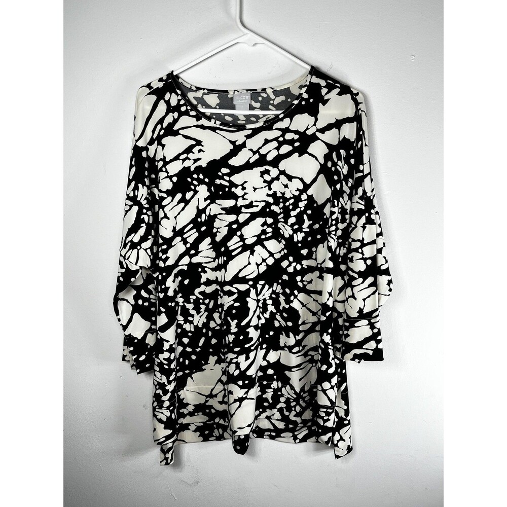 Chico's Blouse Womens Size 8/10 1 Black Abstract Dolman Travelers Tunic Top